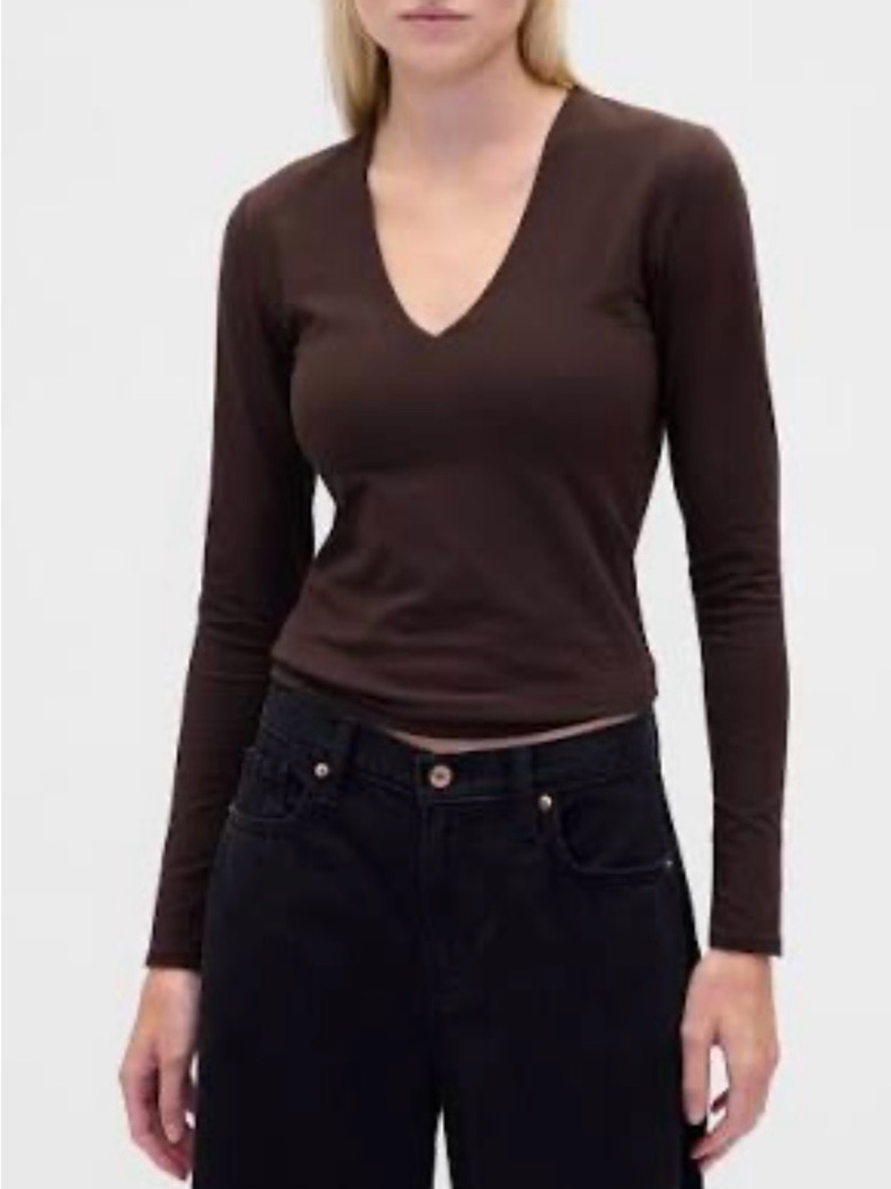 GAP Women's Long-Sleeve V-Neck Top in Chocolate Brown